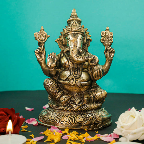 8 Inches Lakshmi Ganesh Saraswati Brass Idol - Decorative Home Decor - Crafts N Chisel - Indian Home Decor USA