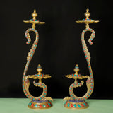 20 Inches Handmade Standing Brass Diya Lamp With Stonework (Set of 2) - Crafts N Chisel - Indian Home Decor USA