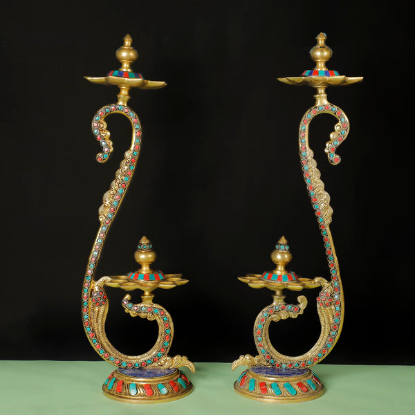 20 Inches Handmade Standing Brass Diya Lamp With Stonework (Set of 2) - Crafts N Chisel - Indian Home Decor USA