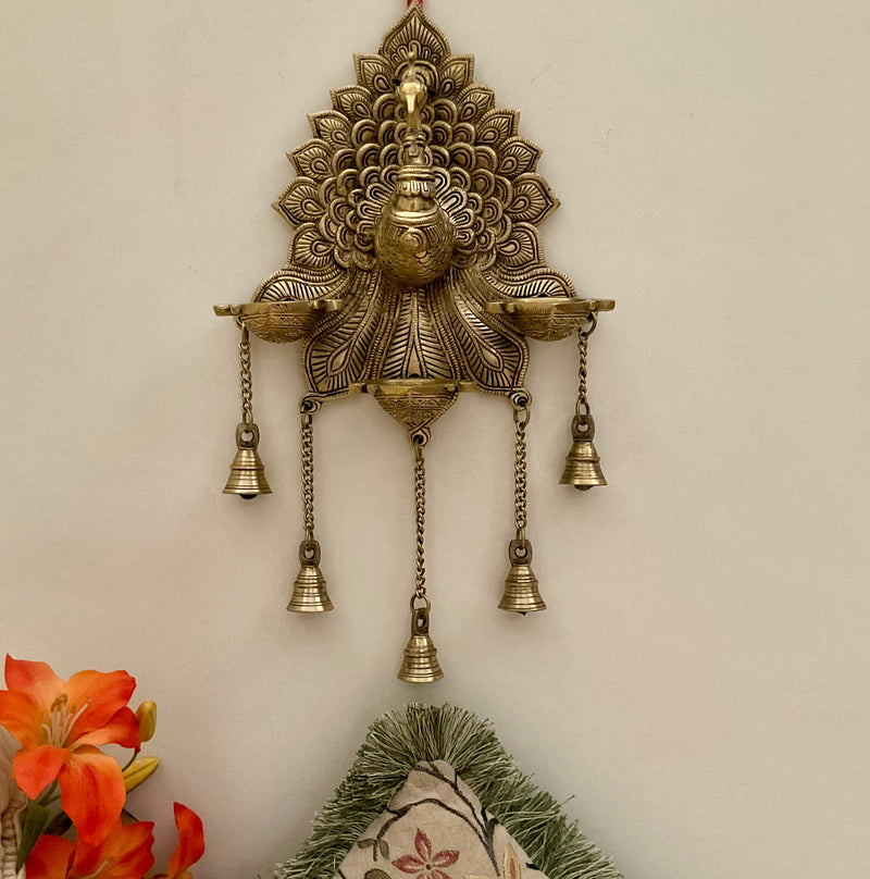 17.5 Inch Peacock Wall Hanging Diya Bell - Brass Decor - Crafts N Chisel - Indian Home Decor USA