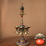 22 Inches Handmade Standing Brass Diya Lamp With Stonework (Set of 2) - Antique finish - Crafts N Chisel - Indian Home Decor USA