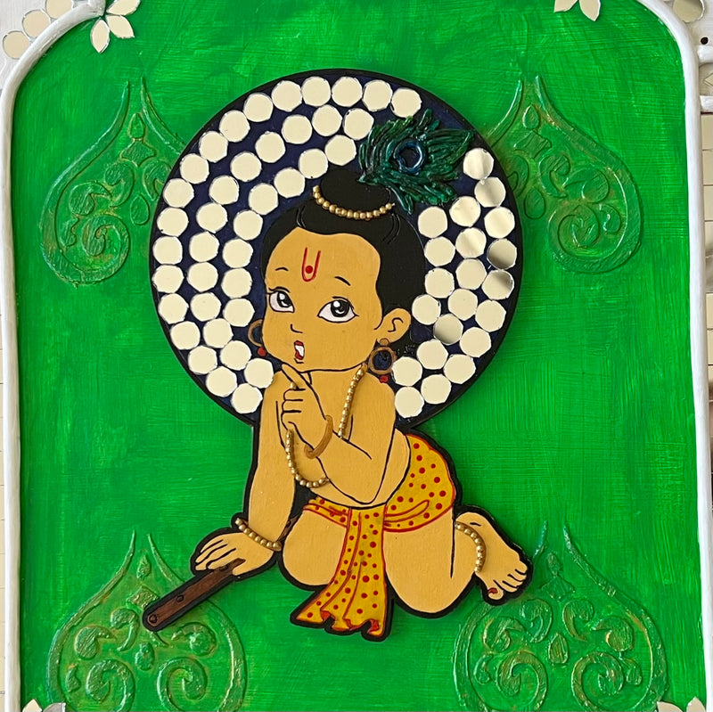 14 Inches Baby Krishna Lippan Art Wall Hanging - Clay Mirror Wall Decor - Crafts N Chisel - Indian Home Decor USA