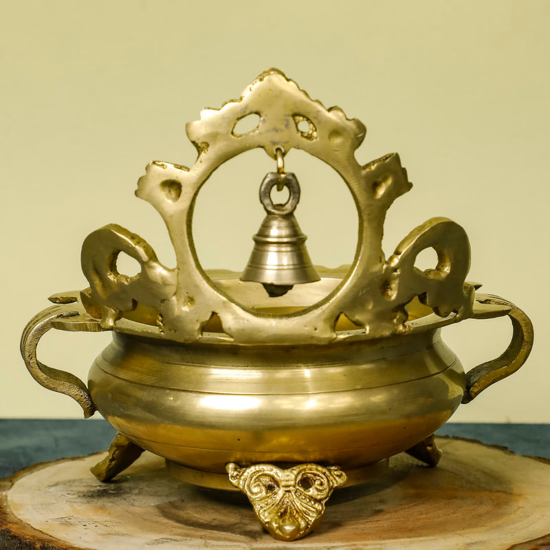 Brass Urli With Bell - 6 Inches Urli Bowl For Festive Decor - Crafts N Chisel - Indian Home Decor USA