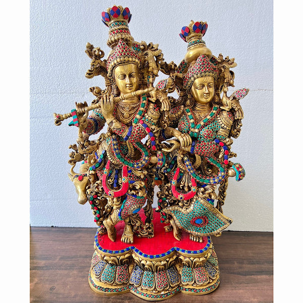 28 Inch Radha Krishna With Cow Brass Stonework Statue - Crafts N Chisel - Indian Home Decor USA