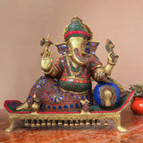 16 Inches Sitting Lord Ganesh Brass Idol - Handcrafted Stonework Inlay - Ganpati Decorative Statue for Home Decor - Crafts N Chisel - Indian Home Decor USA