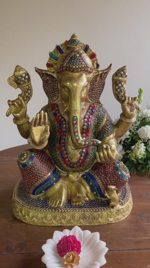 21 Inches Lord Ganesh Idol Brass Stonework - Ganpati Statue for Entrance Decor And Pooja