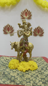 10 Inches Krishna Cow Statue Copper Finish Marble Dust Idol