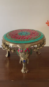 Elephant Brass Stonework Chowki With Bells For Idols And Pooja