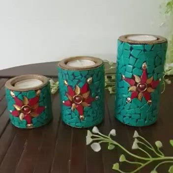 Greenish Blue Stonework Wooden Candle Holder (Set of 3) - Decorative Tea Lights - Festive Decor