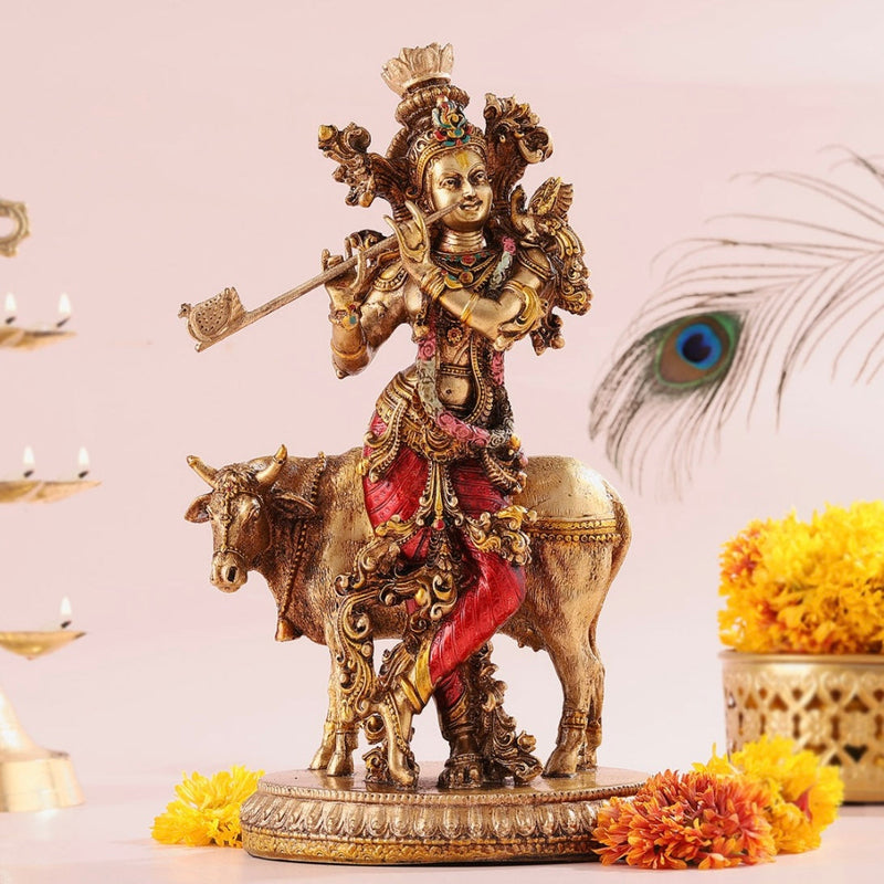 10” Handcrafted Krishna & Cow Copper Finish Marble Dust Resin Idol - Hindu God Statue - Decorative Murti - Crafts N Chisel - Indian Home Decor USA