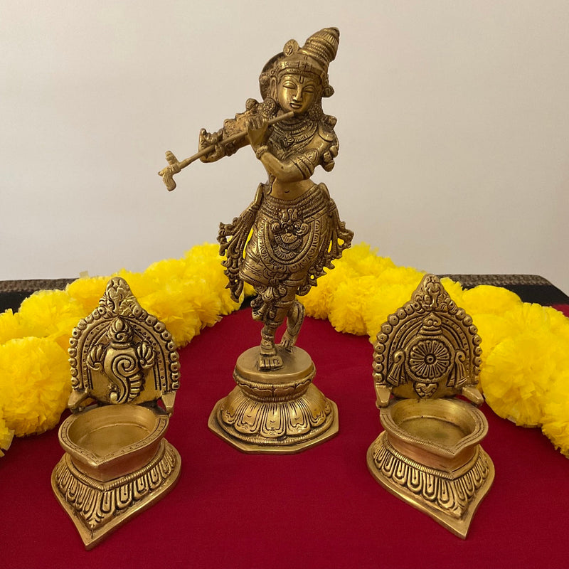10” Lord Krishna Brass Idol & Shanku Chakra Diya Lamp - Crafts N Chisel - Indian Home Decor USA