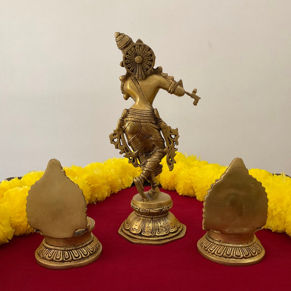 10” Lord Krishna Brass Idol & Shanku Chakra Diya Lamp - Crafts N Chisel - Indian Home Decor USA