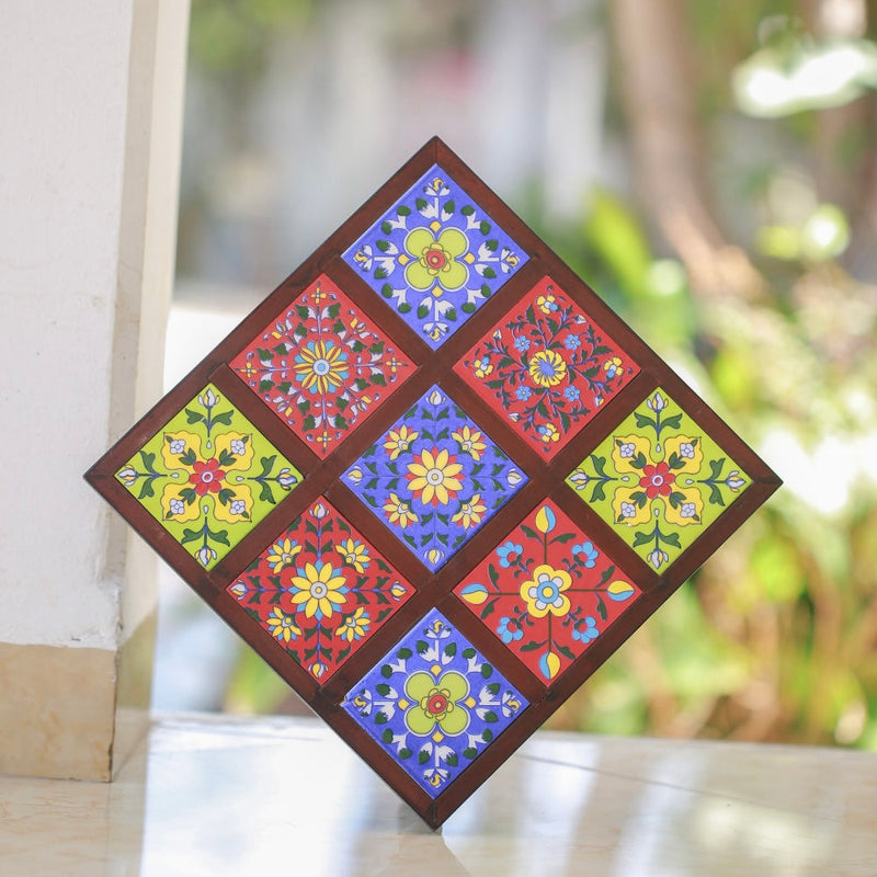 11” Ceramic Tile Wooden Chowki For Idols And Pooja - Crafts N Chisel - Indian Home Decor USA