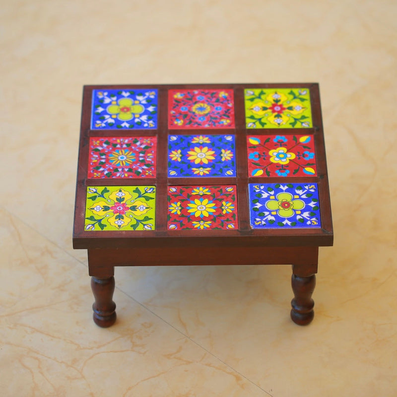 11” Ceramic Tile Wooden Chowki For Idols And Pooja - Crafts N Chisel - Indian Home Decor USA