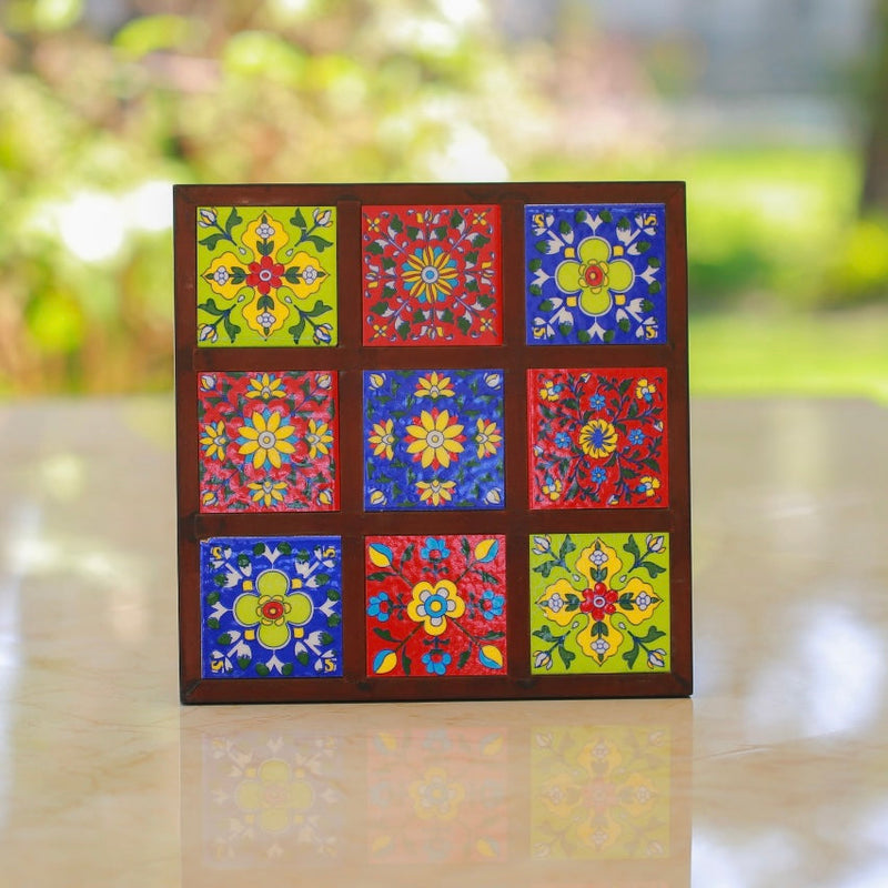 11” Ceramic Tile Wooden Chowki For Idols And Pooja - Crafts N Chisel - Indian Home Decor USA