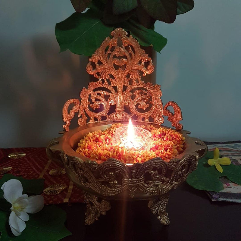 12" Decorative Brass Urli With Lord Ganesha - Crafts N Chisel - Indian home decor - Online USA