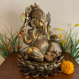 11” Lotus Lord Ganesh Brass Idol - Ganpati Decorative Statue for Home Decor - Crafts N Chisel - Indian Home Decor USA