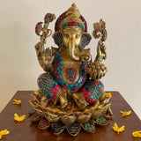 11” Lotus Lord Ganesh Brass Idol With Stonework - Ganpati Decorative Statue for Home Decor - Crafts N Chisel - Indian Home Decor USA