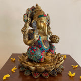11” Lotus Lord Ganesh Brass Idol With Stonework - Ganpati Decorative Statue for Home Decor - Crafts N Chisel - Indian Home Decor USA