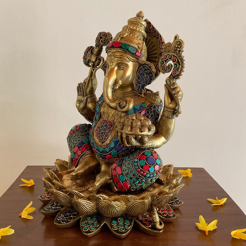 11” Lotus Lord Ganesh Brass Idol With Stonework - Ganpati Decorative Statue for Home Decor - Crafts N Chisel - Indian Home Decor USA