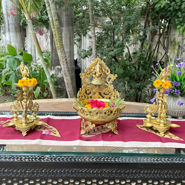 12.5" Decorative Brass Urli With Lord Ganesha & Standing Peacock Diya ( Set of 3) - Crafts N Chisel - Indian Home Decor USA