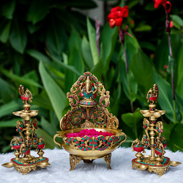 12.5" Decorative Brass Urli With Lord Ganesha & Standing Peacock Diya Stonework ( Set of 3) - Festive Decor - Crafts N Chisel - Indian Home Decor USA