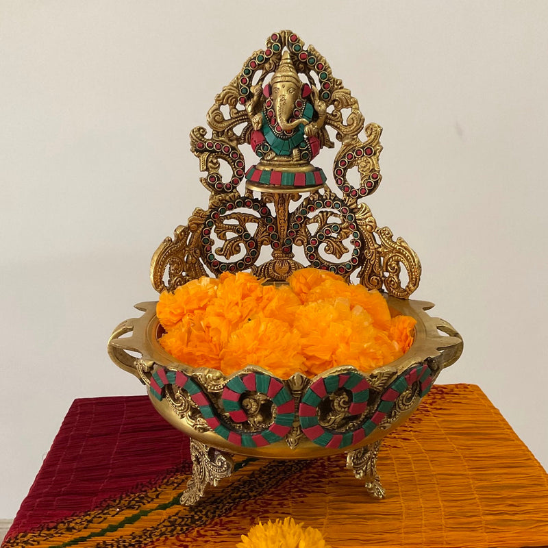 12.5" Decorative Brass Urli With Lord Ganesha & Standing Peacock Diya Stonework ( Set of 3) - Festive Decor - Crafts N Chisel - Indian Home Decor USA