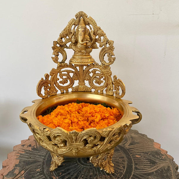 12.5" Decorative Brass Urli With Lord Ganesha - Crafts N Chisel - Indian Home Decor USA