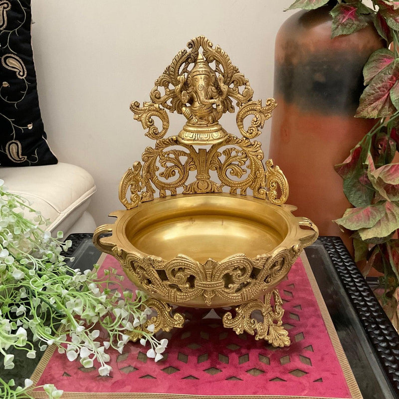 12.5" Decorative Brass Urli With Lord Ganesha- Crafts N Chisel - Indian Home Decor USA