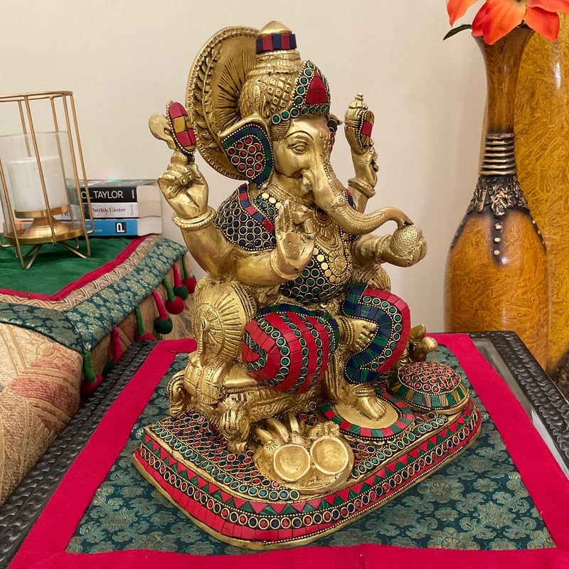 12.5” Lord Ganesh Brass Idol With Stonework - Handcrafted Decorative Statue - Crafts N Chisel - Indian Home Decor USA