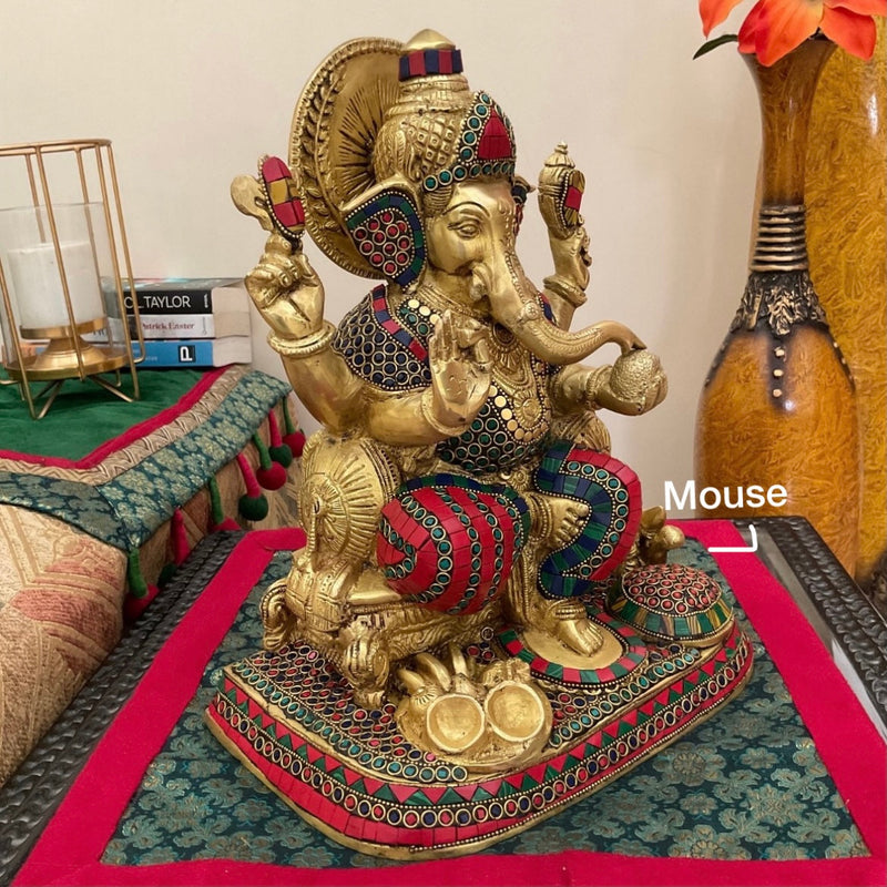 12.5” Lord Ganesh Brass Idol With Stonework - Handcrafted Decorative Statue - Crafts N Chisel - Indian Home Decor USA