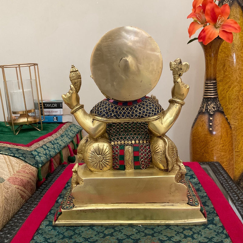 12.5” Lord Ganesh Brass Idol With Stonework - Handcrafted Decorative Statue - Crafts N Chisel - Indian Home Decor USA