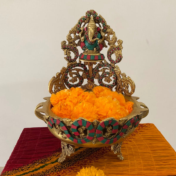 12.5" Stonework Decorative Brass Urli With Lord Ganesha - Ganesha Urli Bowl For Home Decor - Crafts N Chisel - Indian Home Decor USA