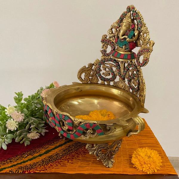 12.5" Stonework Decorative Brass Urli With Lord Ganesha - Ganesha Urli Bowl For Home Decor - Crafts N Chisel - Indian Home Decor USA