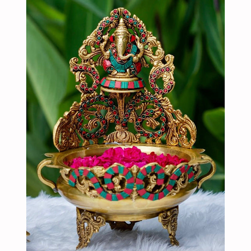 12.5" Stonework Decorative Brass Urli With Lord Ganesha - Ganesha Urli Bowl For Home Decor - Crafts N Chisel - Indian Home Decor USA