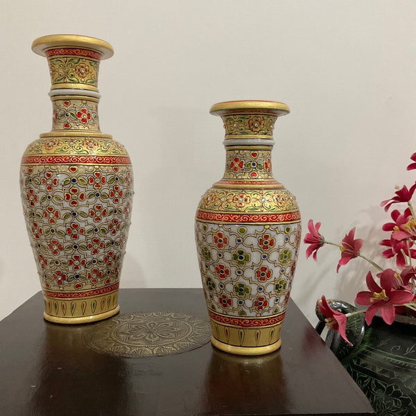 12” & 9” Decorative Flower Marble Pot (Set of 2) - Home Decor - Crafts N Chisel - Indian Home Decor USA