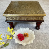 12” Brass fitted Wooden Square Chowki For Idols And Pooja - Crafts N Chisel - Indian Home Decor USA