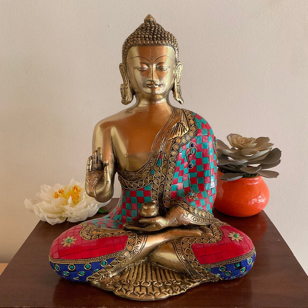 12” Buddha Brass Statue Stonework - Decorative Home Decor Idol - Crafts N Chisel - Indian Home Decor USA