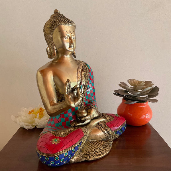 12” Buddha Brass Statue Stonework - Decorative Home Decor Idol - Crafts N Chisel - Indian Home Decor USA