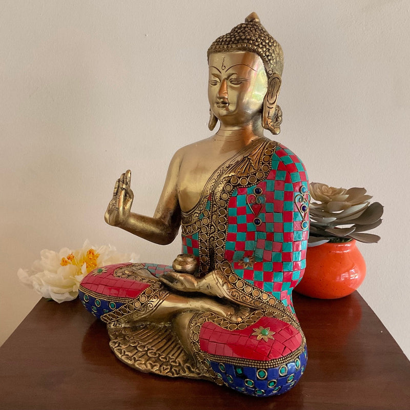 12” Buddha Brass Statue Stonework - Decorative Home Decor Idol - Crafts N Chisel - Indian Home Decor USA