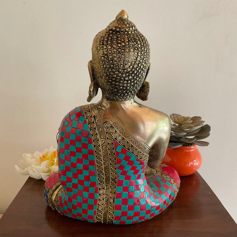 12” Buddha Brass Statue Stonework - Decorative Home Decor Idol - Crafts N Chisel - Indian Home Decor USA