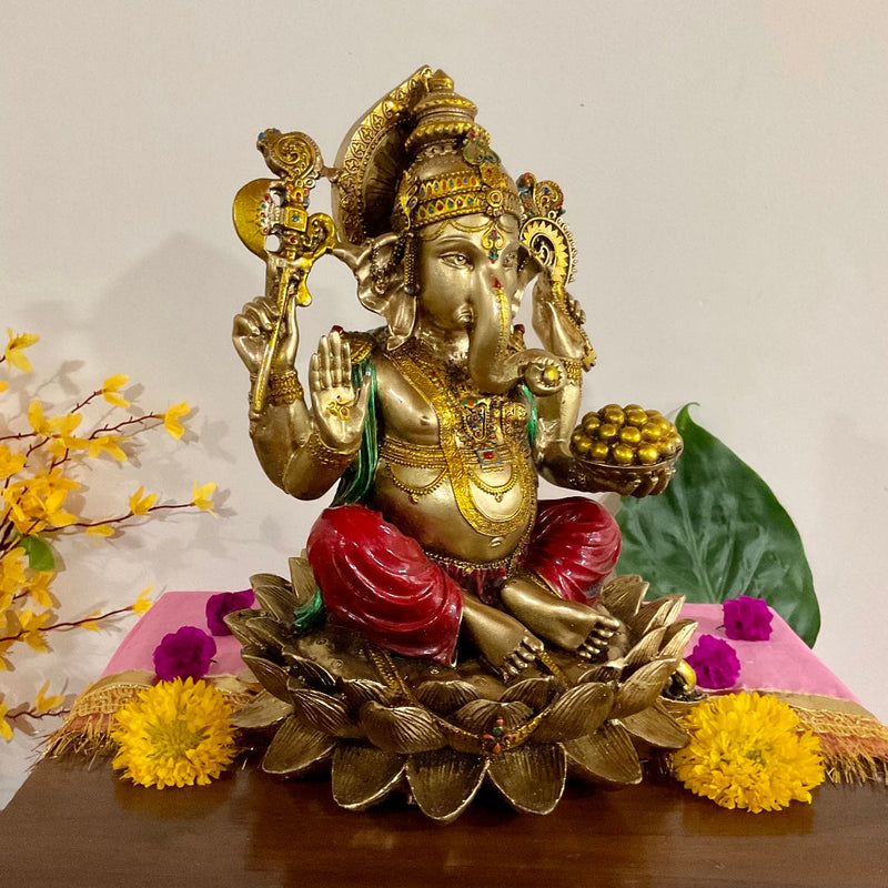 12” Ganesha Copper Finish Marble Dust & Resin Idol - Hindu God Statue - Ganpati Decorative Statue for Home Decor - Housewarming Gift - Crafts N Chisel - Indian Home Decor USA