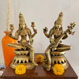 12” Goddess Lakshmi & Saraswati Brass Idol (Set of 2) - Decorative Statue Home Decor - Crafts N Chisel - Indian Home Decor USA