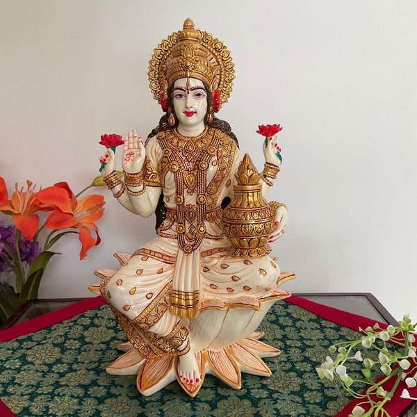 12” Goddess Lakshmi Marble Dust & Resin Idol - Decorative Figurine - Crafts N Chisel - Indian Home Decor USA