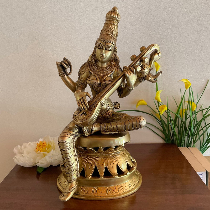 12” Goddess Saraswati Brass Idol - Decorative Statue - Crafts N Chisel - Indian Home Decor USA