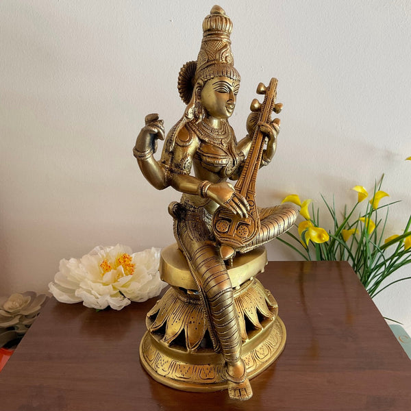 12” Goddess Saraswati Brass Idol - Decorative Statue - Crafts N Chisel - Indian Home Decor USA