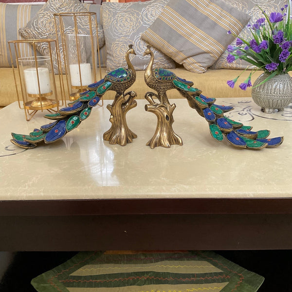Handcrafted Brass Peacock With Stonework (set of 2)-Crafts N Chisel USA - Indian Home Decor USA