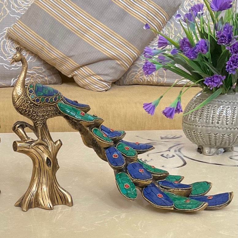 Handcrafted Brass Peacock With Stonework (set of 2)-Crafts N Chisel USA - Indian Home Decor USA