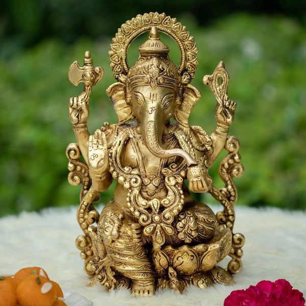 12" Lord Ganesh Brass Idol - Ganpati Decorative Statue for Home Decor - Crafts N Chisel - Indian Home Decor USA
