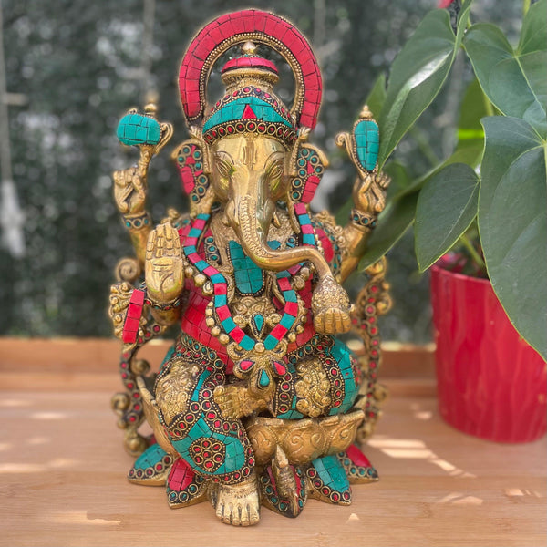 12" Lord Ganesh Brass Idol - handcrafted turquoise Inlay - Decorative Figurine- Indian Home Decor - Crafts N Chisel USA